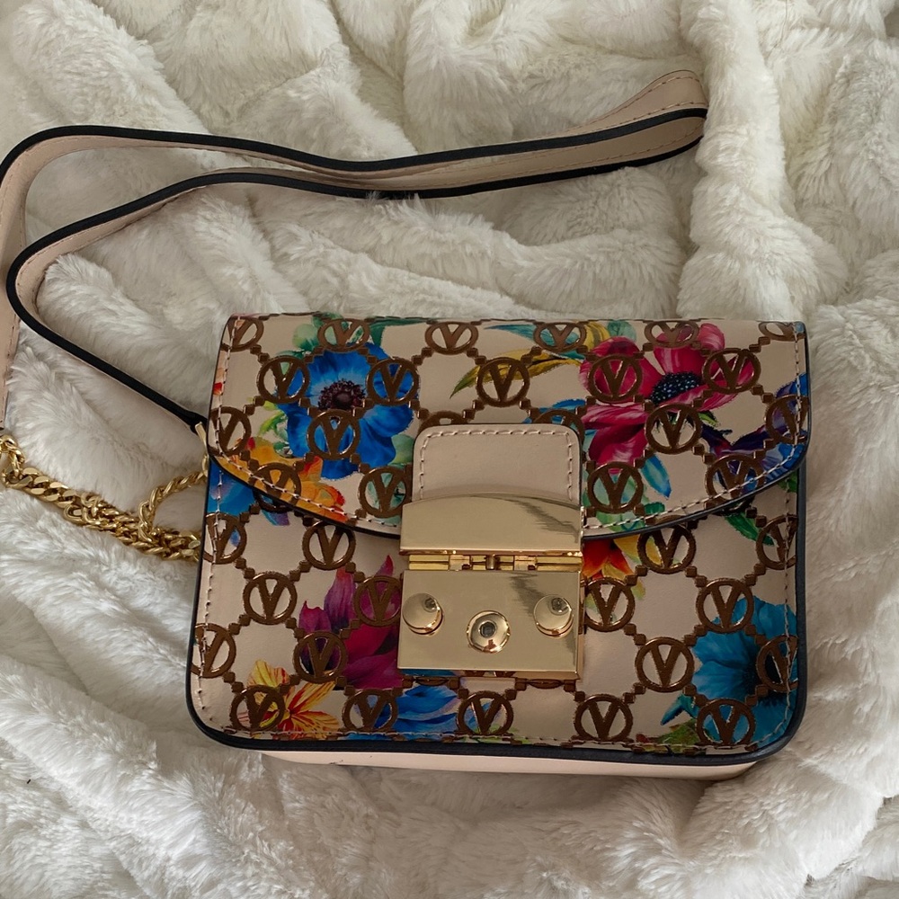 Floral Monogram Crossbody Bag with Gold Lock - Beige Multi